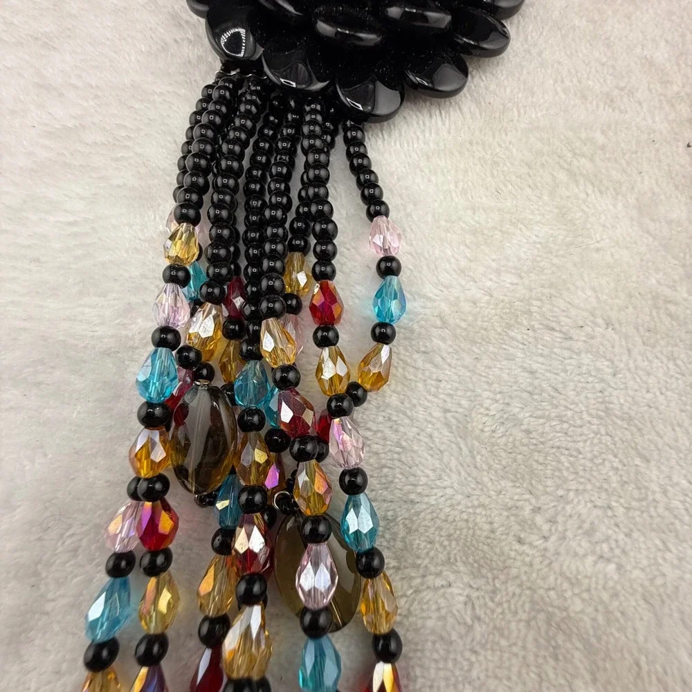 Joan Rivers Necklace Black Glass Floral Tassel Multi Strand 20